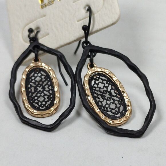 It's Sense Gold Tone Metal Layered Oval Drop Fashion Earrings Lace Pattern New - Picture 6 of 6